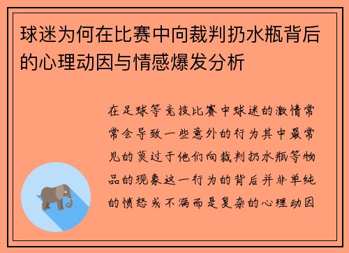 球迷为何在比赛中向裁判扔水瓶背后的心理动因与情感爆发分析